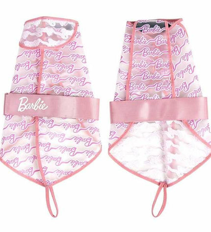 Pink Barbie dog raincoat for small dogs, XS size, waterproof rain jacket with hood, ideal for keeping pets dry during rain.