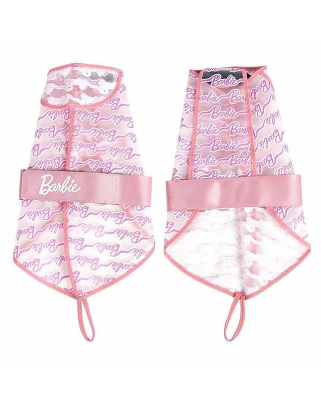 Pink Barbie dog raincoat for small dogs, XS size, waterproof rain jacket with hood, ideal for keeping pets dry during rain.