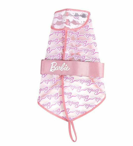 Pink Barbie dog raincoat in size XS, waterproof dog jacket with hood, suitable for small dogs, featuring a playful Barbie design.