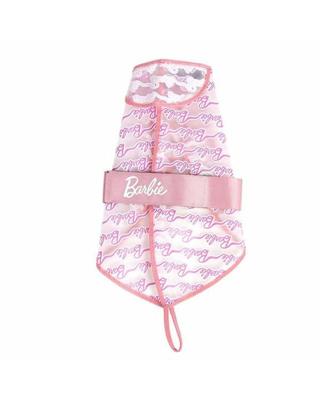 Pink Barbie dog raincoat in size XS, waterproof dog jacket with hood, suitable for small dogs, featuring a playful Barbie design.