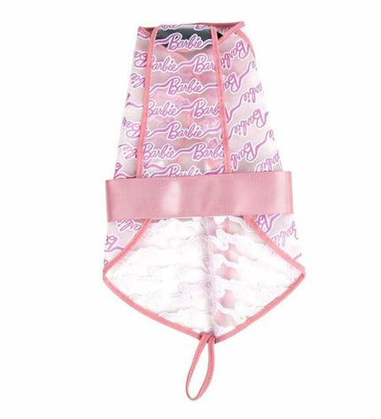 Pink Barbie dog raincoat for small dogs, with waterproof material and adjustable fit, designed for rainy weather.