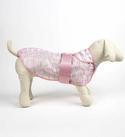 Pink Barbie dog raincoat in size XS, waterproof and stylish, designed for small dogs to stay dry during rainy walks.