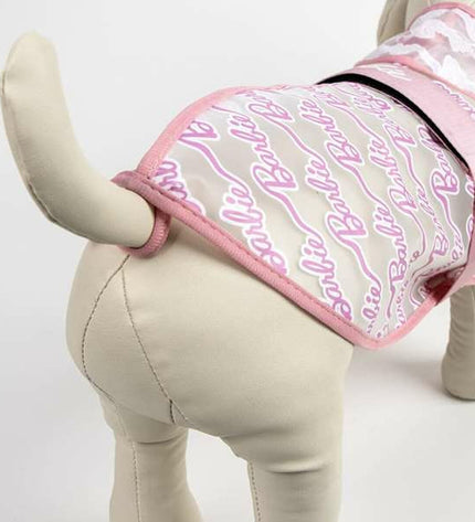 Pink Barbie dog raincoat for small dogs, XS size, waterproof hondenregenjas with hood, featuring playful Barbie branding.
