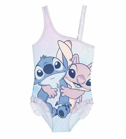 Stitch girls' purple swimsuit, designed for sports and watersports, featuring a vibrant Stitch print and comfortable fit.