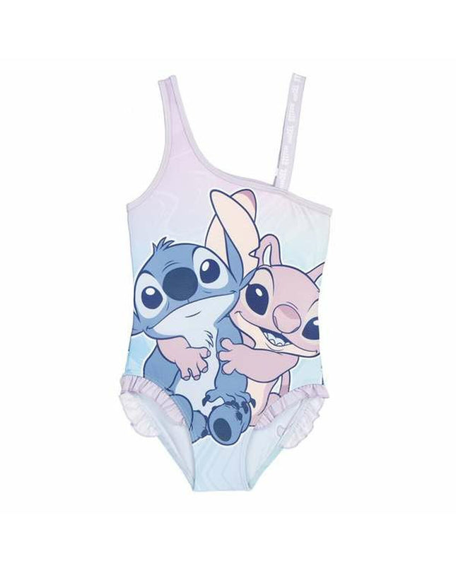 Stitch girls' purple swimsuit, designed for sports and watersports, featuring a vibrant Stitch print and comfortable fit.