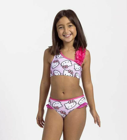 Pink Hello Kitty bikini for sport and watersports, featuring a colorful Hello Kitty design and comfortable fit.