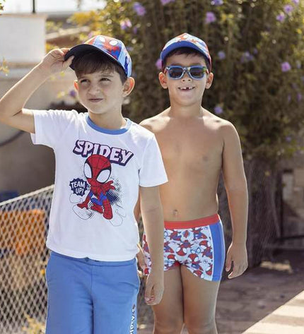 Blue Spider-Man swimwear for kids, perfect for water activities, featuring a fun Spider-Man design for outdoor swimming.