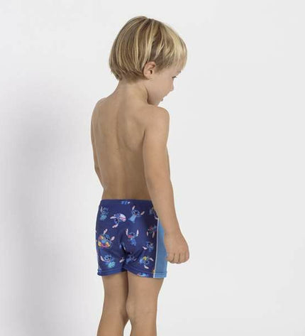 Stitch children's swimwear in dark blue, featuring Stitch character print, suitable for water sports and outdoor swimming activities.