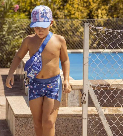 Stitch children's dark blue swimwear with Stitch character, suitable for water sports and outdoor swimming activities.