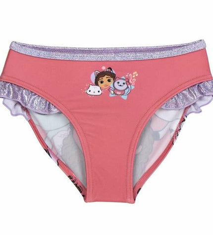 Pink girls' swimsuit from Gabby's Dollhouse, suitable for sport and watersports, featuring playful, colorful design.