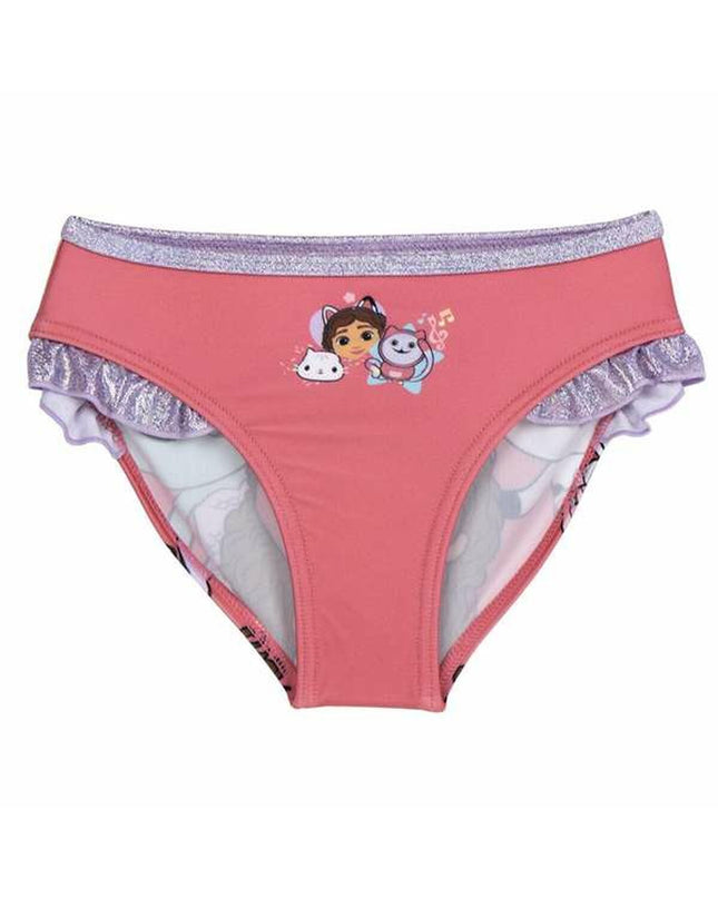 Pink girls' swimsuit from Gabby's Dollhouse, suitable for sport and watersports, featuring playful, colorful design.