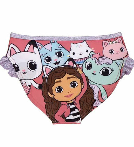 Pink girls' swimsuit from Gabby's Dollhouse, suitable for watersports and outdoor activities, featuring colorful dollhouse-themed design.