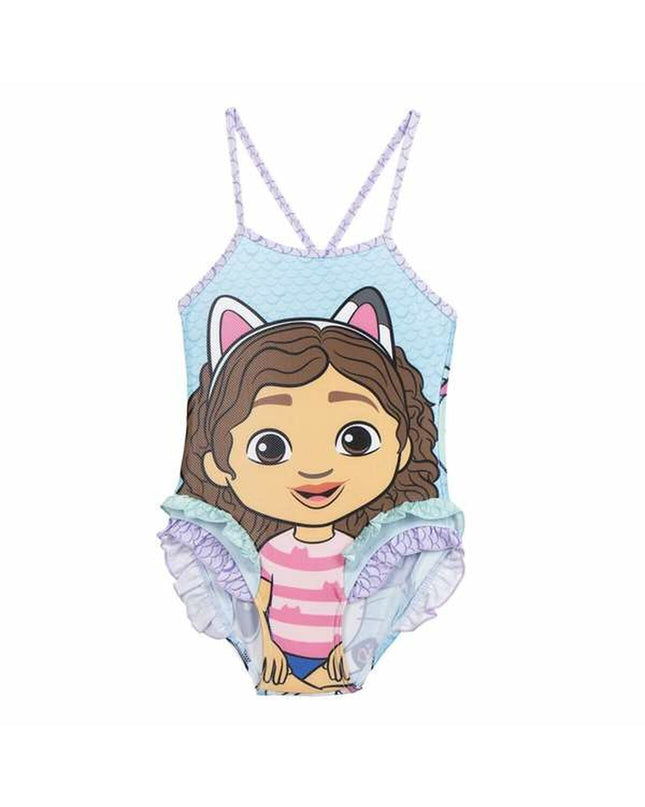 Girls' Gabby's Dollhouse swimwear, sporty and waterproof, featuring colorful dollhouse-themed design, ideal for outdoor water activities.