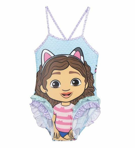 Girl's Gabby's Dollhouse swimwear for ages 6, sporty girls' swimsuit for outdoor water activities, vibrant and comfortable design.