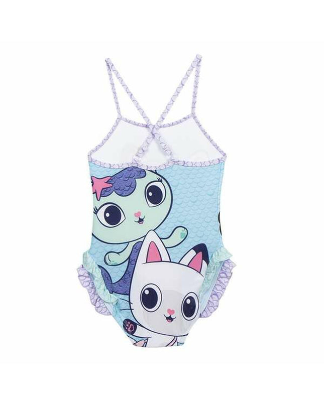Gabby's Dollhouse girls' swimsuit for ages 6, featuring colorful fun design, ideal for watersport and outdoor activities.