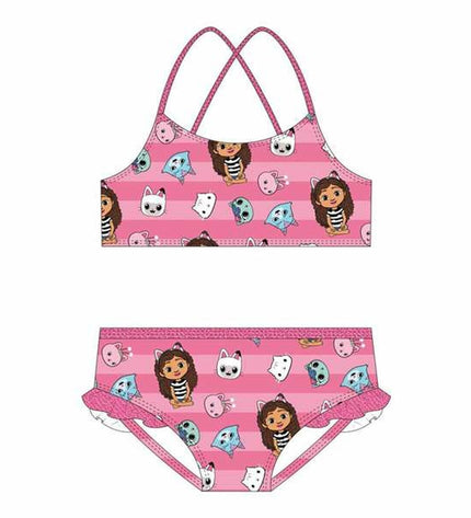 Pink Gabby's Dollhouse girls' swimsuit for watersports, featuring colorful dollhouse-themed design and comfortable fit.