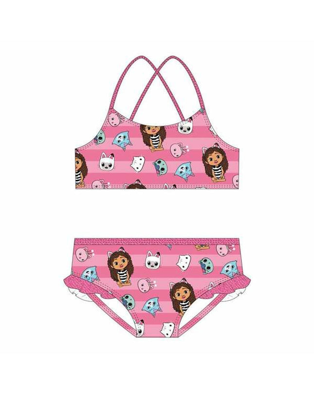 Pink Gabby's Dollhouse girls' swimsuit for watersports, featuring colorful dollhouse-themed design and comfortable fit.