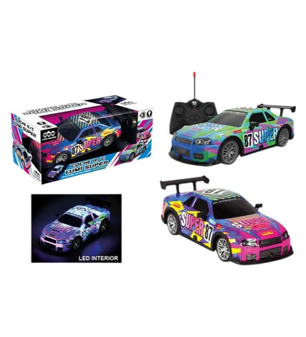 Blue and green remote-controlled police car toy by BigBuy Kids, 1:22 scale, measuring 20x8x6 cm, on a plain background.