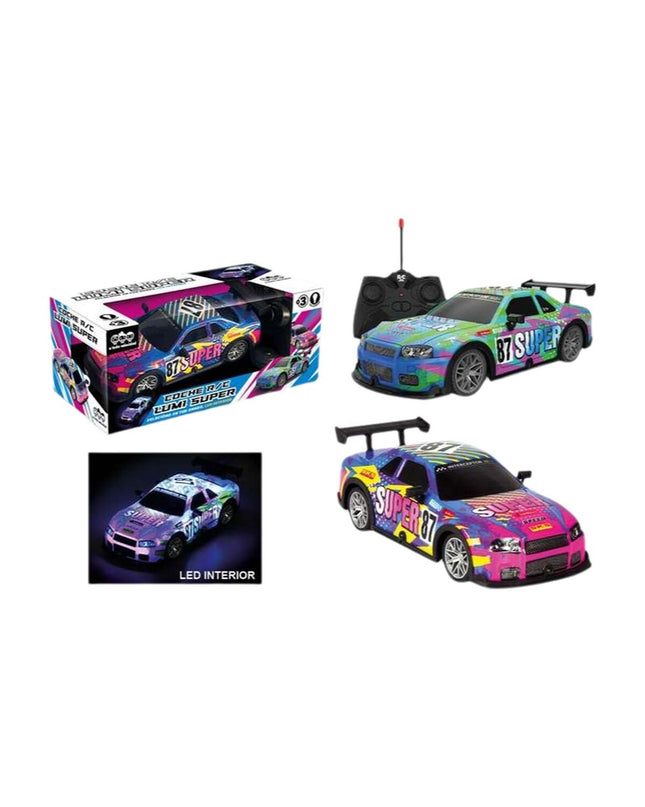 Blue and green remote-controlled police car toy by BigBuy Kids, 1:22 scale, measuring 20x8x6 cm, on a plain background.