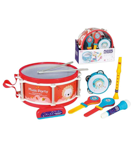 Colorful set of BigBuy Fun toy musical instruments for children, including drums, tambourines, and shakers on a white background.