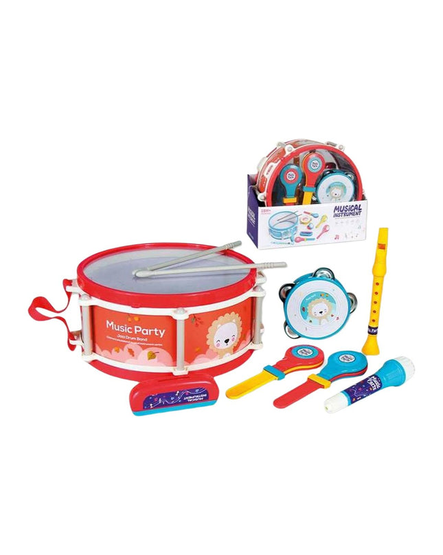 Colorful set of BigBuy Fun toy musical instruments for children, including drums, tambourines, and shakers on a white background.