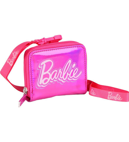 Fuchsia Barbie wallet with cardholder and zipper closure, featuring colorful Barbie-themed design, compact and stylish for everyday use.