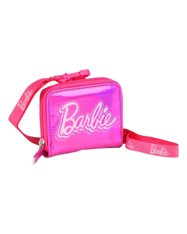 Fuchsia Barbie wallet with cardholder and zipper closure, featuring colorful Barbie-themed design, compact and stylish for everyday use.