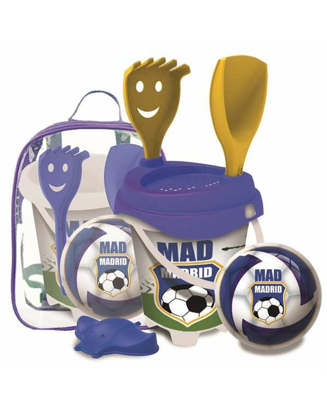 Unice Toys Madrid strand speelgoedset with colorful sand toys including shovels, buckets, and rakes for outdoor play.
