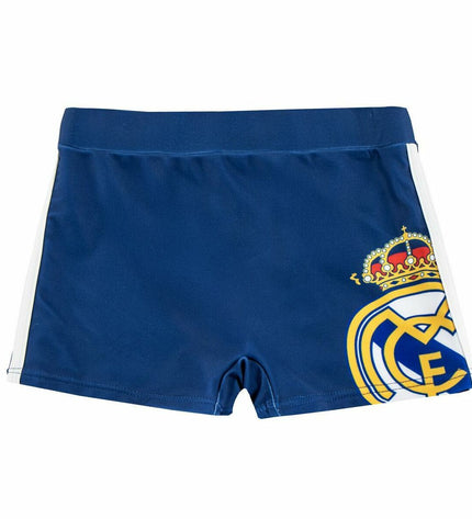 Dark blue boys' Real Madrid C.F. swim trunks for ages 3, made for sports and outdoor water activities.