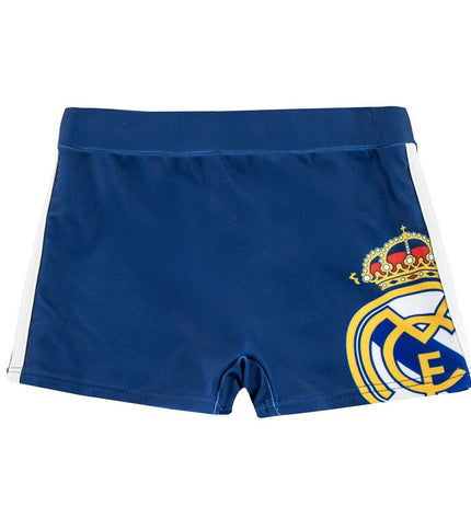Dark blue boys' Real Madrid C.F. swim trunks for 4-year-olds, suitable for sports and water activities.