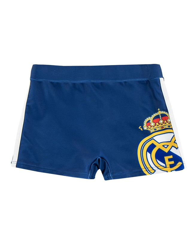 Dark blue boys' Real Madrid C.F. swim trunks for 4-year-olds, suitable for sports and water activities.