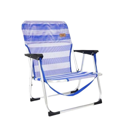 Blue Ociotrends outdoor beach chair with wooden armrests, measuring 40x55x70 cm, ideal for camping and outdoor activities.