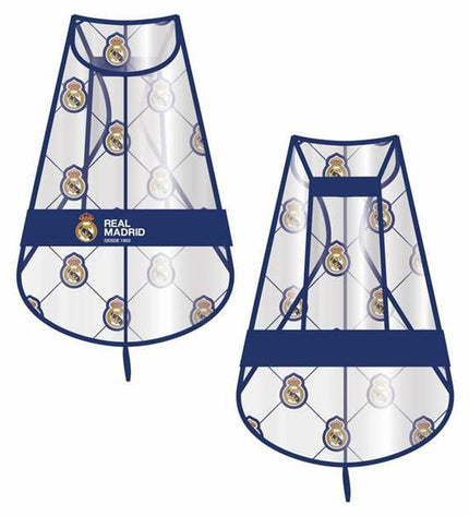 Blue Real Madrid C.F. dog raincoat, size M, with team logo and waterproof material, designed for dogs.