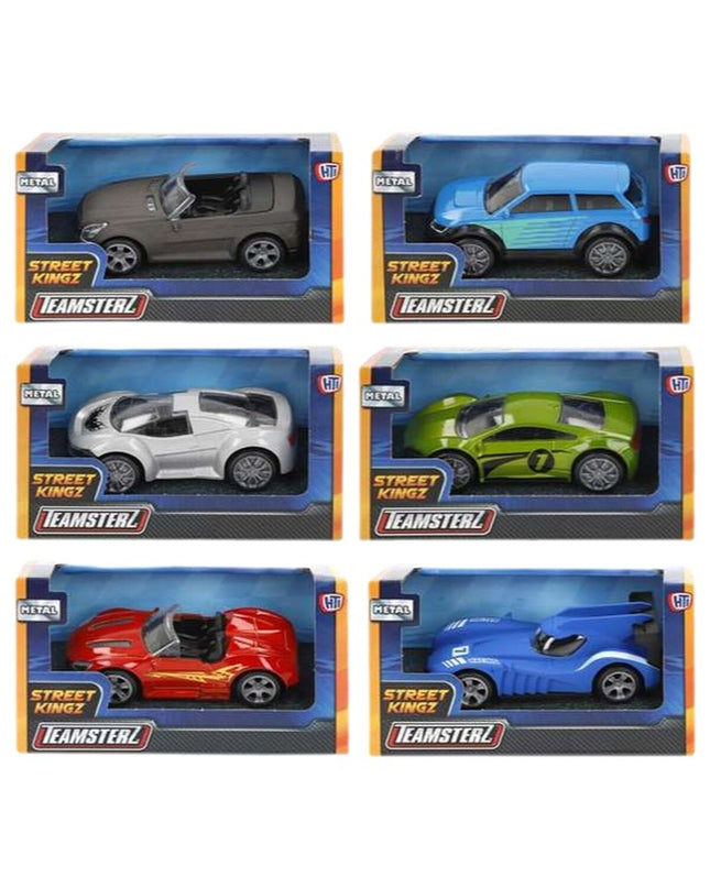Teamsterz toy vehicles in assorted colors, featuring colorful play vehicles from the auto-themed toy collection.