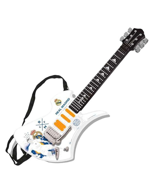 Real Madrid C.F. toy guitar for kids, colorful plastic musical instrument with team logo, designed for children's play and entertainment.