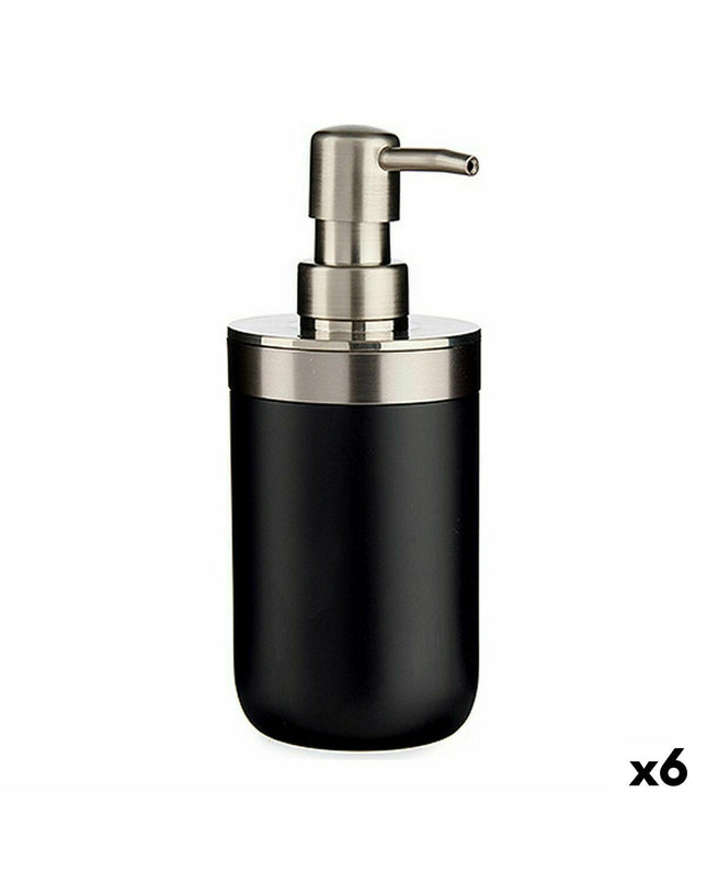 Set of six Berilo black and silver soap dispensers in stainless steel and plastic, 350 ml capacity, ideal for bathroom and kitchen.