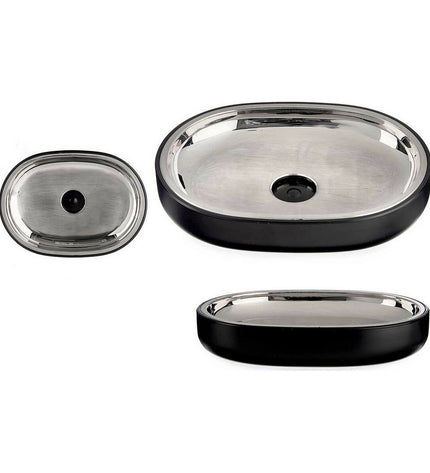 Set of 6 Berilo black stainless steel soap dishes, plastic bath accessories, 9.5 x 2.5 x 13 cm and 13 x 2.5 x 9.5 cm.