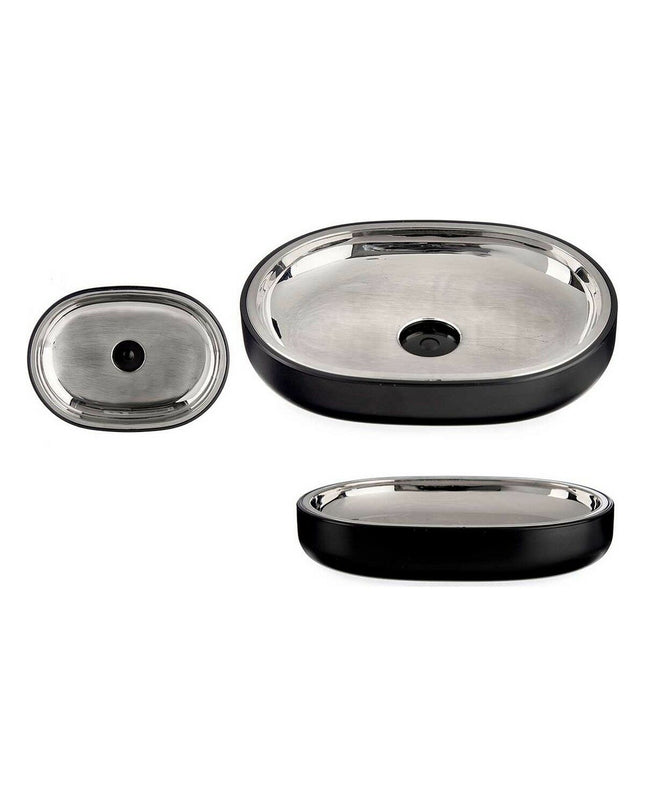 Set of 6 Berilo black stainless steel soap dishes, plastic bath accessories, 9.5 x 2.5 x 13 cm and 13 x 2.5 x 9.5 cm.