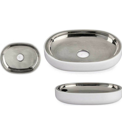 Set of six Berilo stainless steel soap dishes in white with plastic edges, measuring 9.5 x 2.5 x 13 cm and 13 x 2.5 x 9.5 cm, for bathroom use.