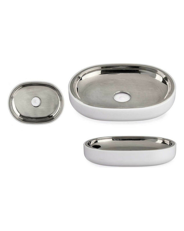 Set of six Berilo stainless steel soap dishes in white with plastic edges, measuring 9.5 x 2.5 x 13 cm and 13 x 2.5 x 9.5 cm, for bathroom use.