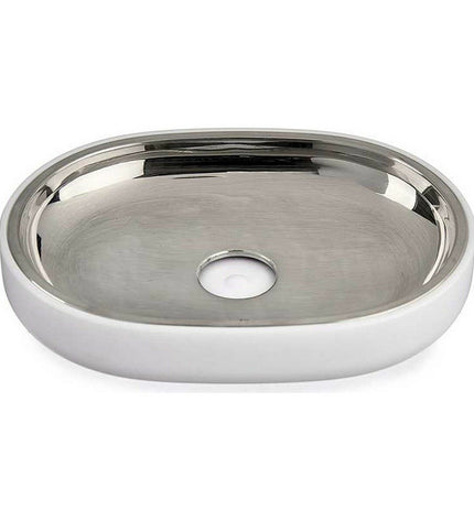 Set of 6 Berilo stainless steel and plastic soap dishes in white and silver, 9.5 x 2.5 x 13 cm for bathroom use.