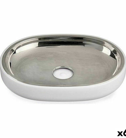 Set of six Berilo stainless steel soap dishes with plastic base, 9.5x2.5x13 cm, ideal for bathroom organization.