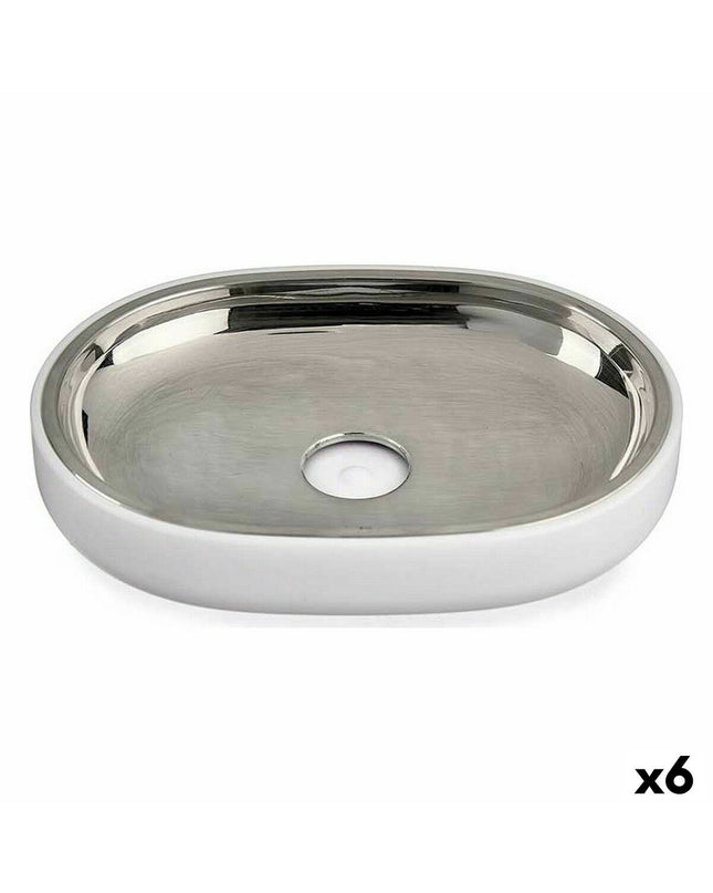 Set of six Berilo stainless steel soap dishes with plastic base, 9.5x2.5x13 cm, ideal for bathroom organization.