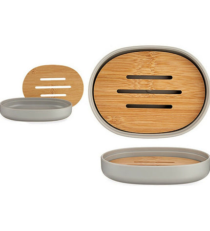 Set of six Berilo bamboo and polypropylene soap dishes in brown and gray, 9.5x2.5x13 cm for home and bathroom use.