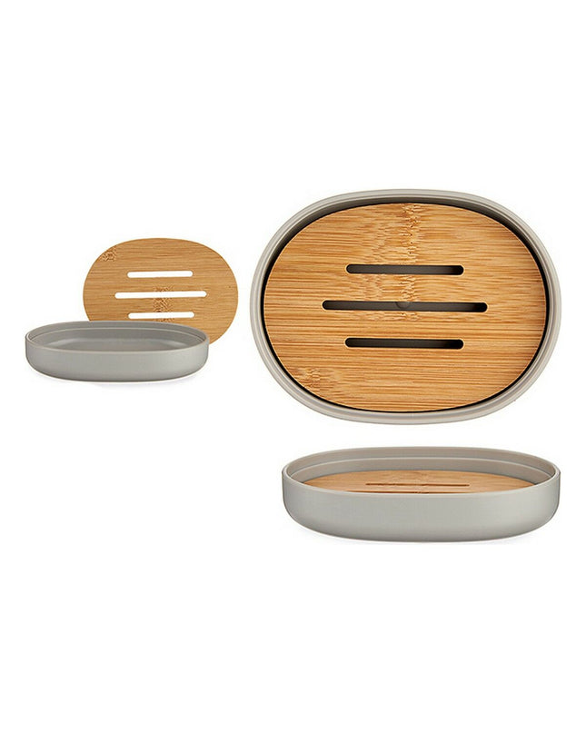 Set of six Berilo bamboo and polypropylene soap dishes in brown and gray, 9.5x2.5x13 cm for home and bathroom use.