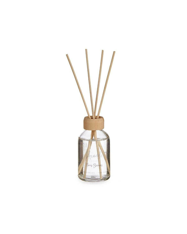 Set of 12 Acorde Witte Bloemen parfum sticks in 50 ml bottles, home decor scented sticks for pleasant room fragrance.