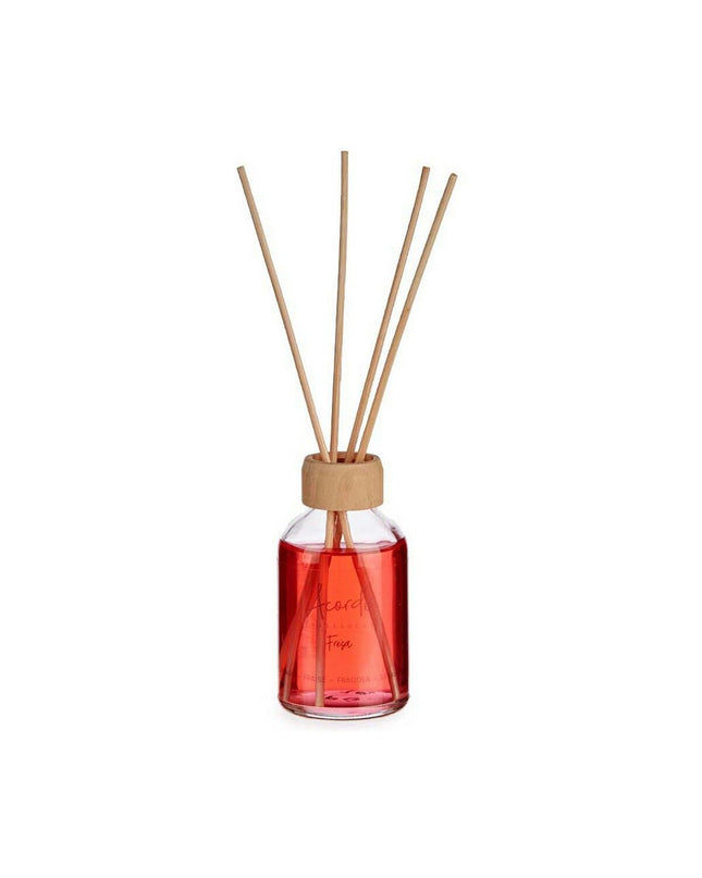 Set of 12 Acorde Aardbei parfum sticks in 50ml bottles, used for home decor and scenting living spaces.