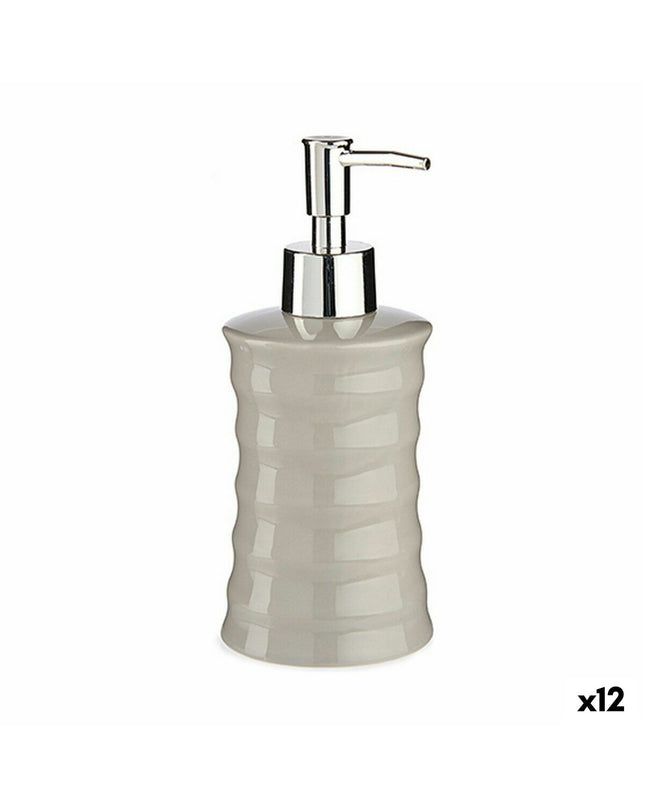Set of 12 Berilo gray metal and ceramic soap dispensers with wave design, 260 ml capacity for bathroom and kitchen use.