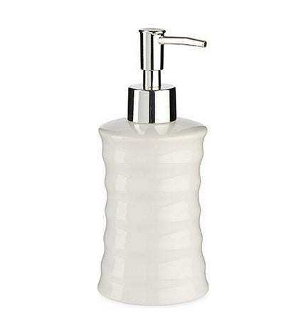 Set of 12 Berilo white ceramic metal soap dispensers with wave design, 260 ml capacity, for bathroom and kitchen use.
