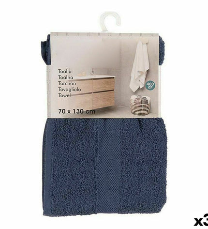 Set of three Berilo blue bath towels made of 80% cotton and 20% polyester, measuring 70x130 cm with fringed edges.